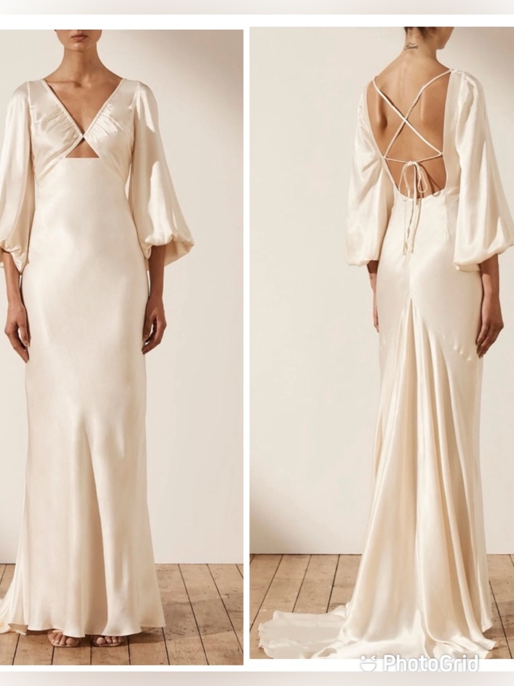 Shona Joy Ruched Bodice Balloon Sleeve Maxi Dress Cream New with Tags!